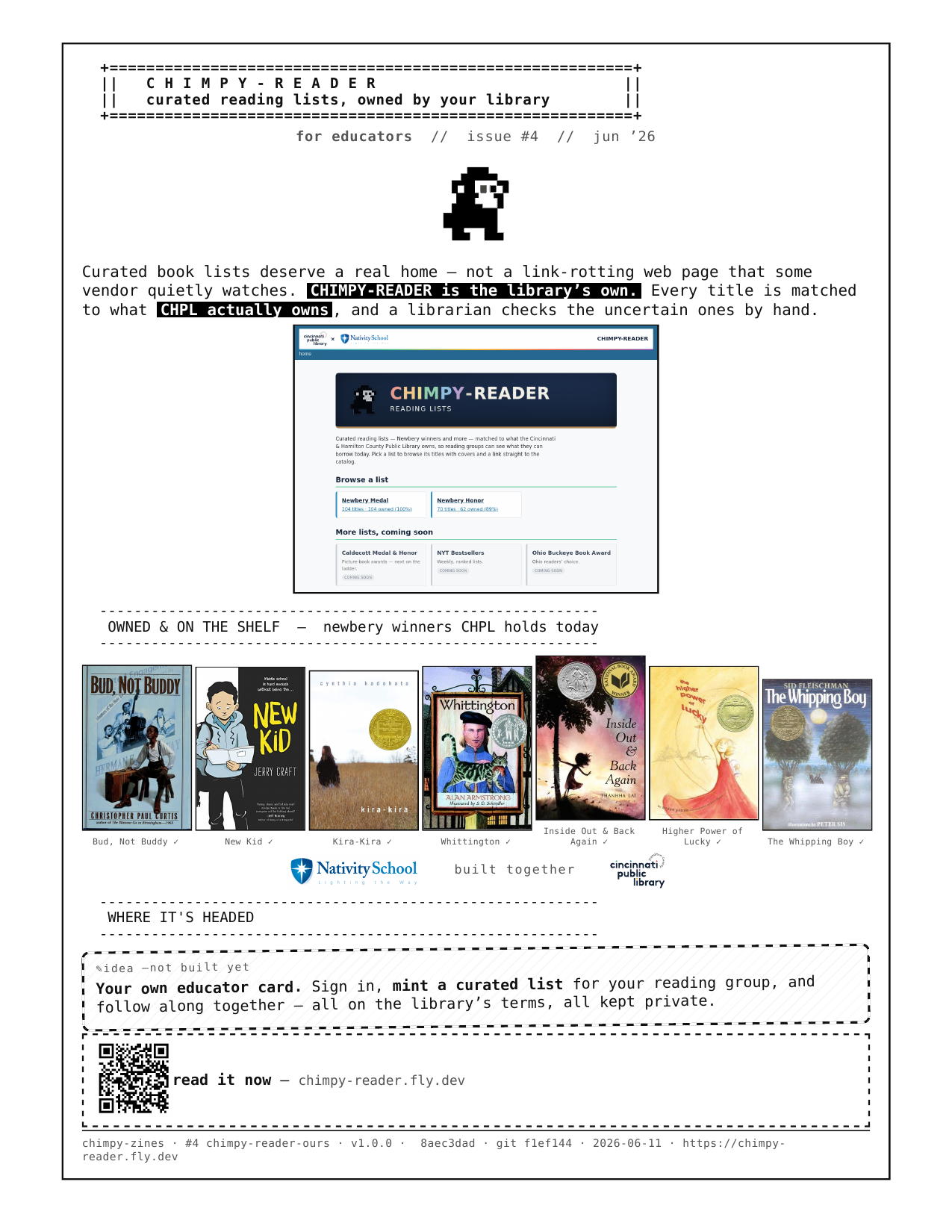 CHIMPY-READER one-page zine preview